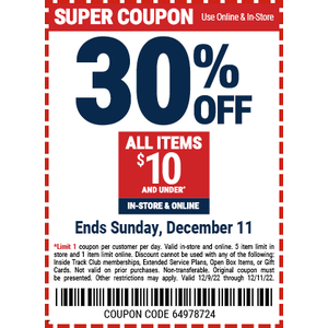 Take 30% OFF on All Items $10 and Under at Harbor Freight Friday with coupon code 64978724, 12/9/22 through Sunday, 12/11/22.
