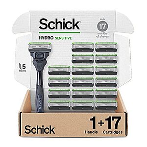 Schick Hydro (5 blade) Sensitive Razor for Men — Sensitive Skin Razor (1 handle) with 17 Razor Blades --  $27.81 w/ Free Prime Ship & 15% Sub and Save