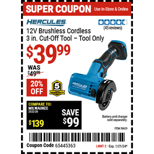 HERCULES 12V Brushless Cordless 3 in. Cut-Off Tool - Tool Only  $39.99 in-store w/ Coupon
