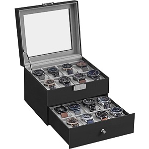 SONGMICS 16-Slot Watch Box, Watch Case with Glass Lid, 2 Layers, Lockable Watch Display Case $19.71 + Free shipping w/ Prime or $35+