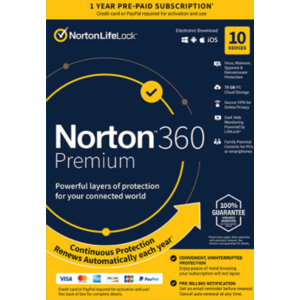 $22.99 Norton 360 Premium - Antivirus Software (10 Devices) - Includes VPN, PC Cloud Backup & Dark Web Monitoring powered by LifeLock