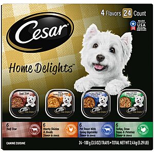 24-Count 3.5-Oz Cesar Wet Dog Food Variety Packs: Home Delights or Loaf & Topper in Sauce $13.95 w/ S&S + Free Shipping w/ Prime or on $35+