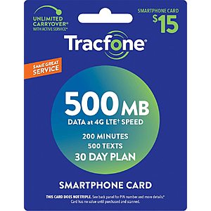 Tracfone SIM + 30 Days of Service - 500 Minutes,Text & MB of Data on AT&T, T-Mobile, or Verizon - $0.99