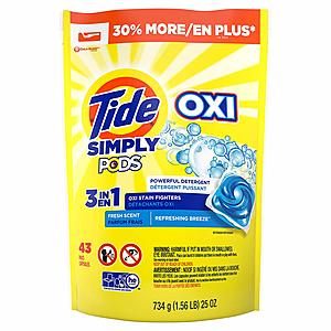 43-Count Tide Simply Clean & Fresh PODS Liquid Detergent Pacs (Refreshing Breeze Scent) for $6.49 AC w/ S&S