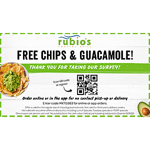 Rubio's Costal Grill - Free Chips & Guacamole EXP 10/31/20