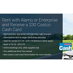 $30 Costco Cash Card on 4+ day (Saturday required) rental Intermediate SUV or larger - Alamo or Enterprise $200