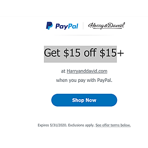 YMMV - PayPal Get $15 off $15 at HARRY & DAVID's