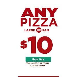 Papa John's Get Large or Pan Any Pizza any toppings for $10, using the promo code: ANYPIZZA Good through 7/6/18 Online Only