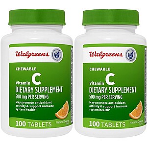 100-Ct 500mg Walgreens Chewable Vitamin C: 2 for $1.80 or 100-Ct 500mg Vitamin C w/Natural Rose Hips: 2 for $1.35 w/Store Pickup on $10+