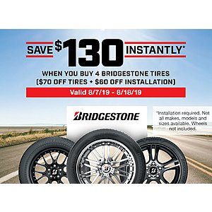Bridgestone @ Costco save $130 for a set of 4 tires from 8/7 to 8/18 2019