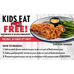 Red Lobster: Kids Eat Free - Buy Adult Dinner Entrée, Get Kids Meal Free (up to $9.99 off) *Valid Today Only