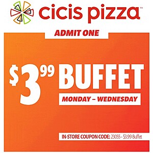 Cici's Pizza Buffet Digital Coupon (Monday-Wednesday) $4 (Valid March 2022)