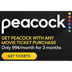Fandango: Buy Movie Ticket, Get Peacock TV Premium Streaming Service for $0.99/month (up to 3 months) *The Northman & Ambulance are available to stream