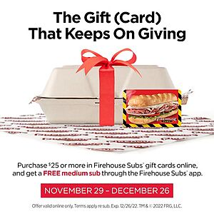 Firehouse Subs: Buy $25 Gift Card, Get Free Medium Subs via Mobile App