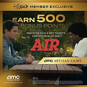 AMC Theatres Stubs Member Exclusive: Earn 500 Bonus Reward Points w/ AIR Movie Ticket Purchase (4/5 - 4/16)