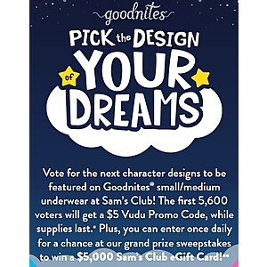 Free $5 VUDU code (for select Disney/Pixar movies) Vote for Diaper Design (first 5,600 voters)