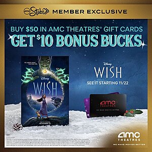 AMC Stubs Members: Buy $50 AMC Theatres Gift Card, Get $10 Bonus Bucks (Valid 11/7 - 11/8)