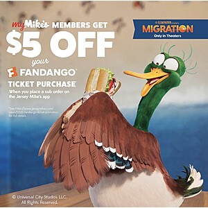$5 Off Migration Movie Ticket from Fandango w/ Jersey Mike's Purchase via Mobile App