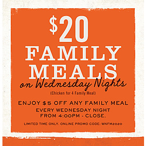 Cowboy Chicken - $5 off Family Meals on Wednesdays (feeds 4 for $20 or feeds 6 for $30) *Free Delivery w/ $15+ Orders