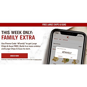 Chipotle: Free Large Chips & Guac w/ 4+ Entrees Purchase (9/8 - 9/13)