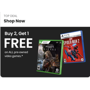 Buy 2 get 1 free on all Pre-Owned Games