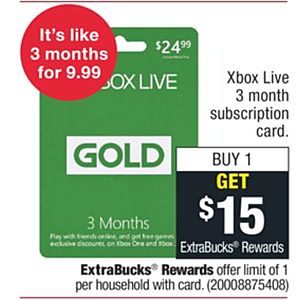 $15 Extrabucks on $50 gift card purchases of Xbox 12 month Live Gold, Nike, Uber, Build-a-Bear, Brinker, Chili's, Bass Pro Shops, American Eagle, Spotify @ CVS