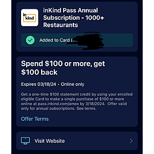 Inkind Pass Annual Subscription AMEX Offer: Spend $100 get $100  Back - $100