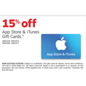 Staples Weekly Ad 11/17 - 11/23: 15% off itunes Gift Cards (In-Store Only)