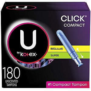 180-Count U by Kotex Click Compact Tampons Multipack (Regular & Super) $23 w/ S&S ($16.73 w/ unlocked 15% S&S) + Free Shipping