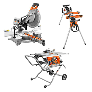 RIDGID 15 Amp 10 in. Portable Corded Pro Jobsite Table Saw with Stand, 12 in. Dual Bevel Sliding Miter Saw, & Compact Stand R4514-R4222-AC9960 - $630