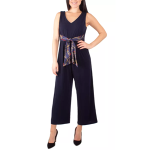 NY Collection Women's Petite Apparel:  Printed-Tie-Belt Jumpsuit (navy) $18.93, Layered-Look Necklace Top (white) $12.93 & More + Free Ship to Store at Macy's or Free S/H on $25+