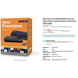 Roku Premiere $29 Amazon | HD/4K/HDR Streaming Media Player, Simple Remote and Premium HDMI Cable