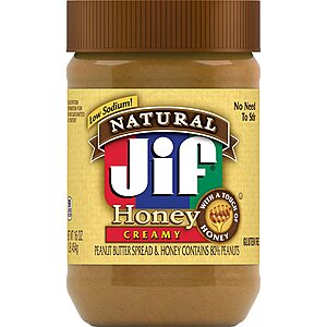 16-Oz Jif Natural Creamy Peanut Butter Spread and Honey $1.70 w/ S&S + Free Shipping w/ Prime or on $25+