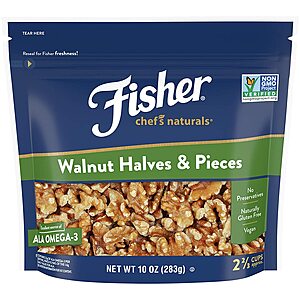 Fisher Walnut Halves and Pieces: 16oz $5.70, 10oz $3.80