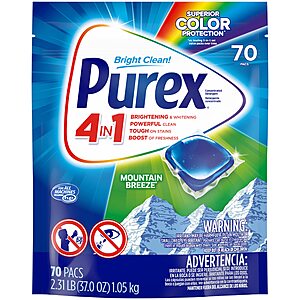 70-Count Purex 4-in-1 Laundry Detergent Pacs (Mountain Breeze) $7 w/ S&S + Free Shipping w/ Prime or on $35+