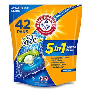 42-Count Arm & Hammer Plus OxiClean 5-in-1 Laundry Detergent Power Paks (Fresh Scent) $5.90 w/ S&S + Free Shipping w/ Prime or on $35+