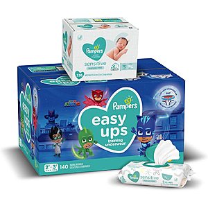 Amazon: 140 ct. Size 4 (2T-3T) Pampers Easy Ups Training Pants Boys and Girls, ONE MONTH SUPPLY with Baby Wipes Sensitive 6X Pop-Top Packs, 336 Count $42.05 & MORE