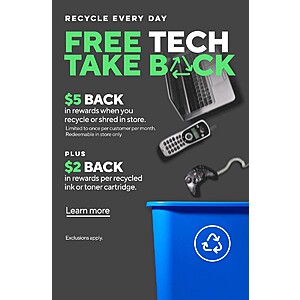 Staples Tech Take Back - receive $5 rewards when you recycle or shred in store 1x per month Starts 9/18