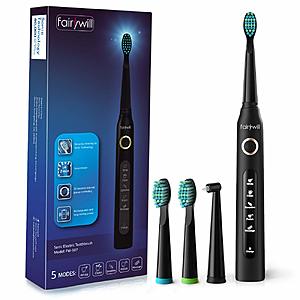 $14,17 Fairywill Electric UltraSonic Toothbrush WIth 5 Optional Modes & 3 Brush Head $14.17