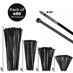 400-Count Black Cable Zip Ties Assortment (4", 6", 8", 12") $5 + Free Shipping