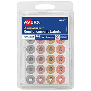 280-Count Avery Self-Adhesive Hole Reinforcement Labels (1/4" Diameter, 5745) $1.18 + Free Shipping w/ Prime or on $35+