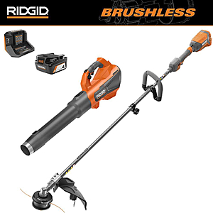 RIDGID 18V Brushless 14 in. Cordless Battery String Trimmer and Leaf Blower 2-Tool Combo Kit with 4.0 Ah Battery and Charger R019001 - $99