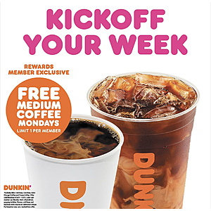 Free Dunkin’ Donuts Coffee on Mondays for DD Perks Members (CA, IL, NV) YMMV