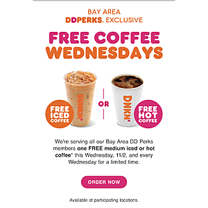Free Dunkin Donuts Medium Iced or Hot Coffee on Every Wednesday until 12/23 (YMMV)