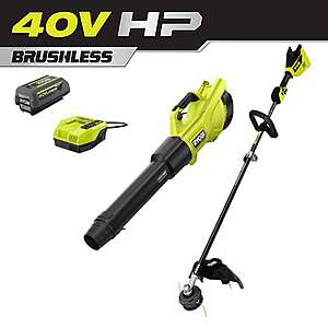 RYOBI 40V HP Brushless 600 CFM 155 MPH Cordless Leaf Blower and Carbon Fiber String Trimmer with 4.0 Ah Battery and Charger $199