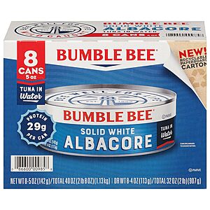 $9.09 /w S&S: Bumble Bee Albacore Tuna in Water (8 x 5 oz)