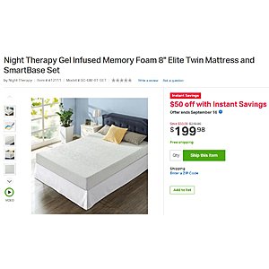 Up to $100.00 off Zinus Night Therapy MyGel 8", 10", 12" and/or 13" Memory Foam Mattress Sets @ Sams Club $199