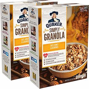 Quaker Simply Granola Oats, Honey & Almonds, Breakfast Cereal, 28 oz Boxes, (2 Pack) for $6.13 AC and S&S Discount @ Amazon