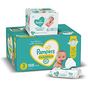 Pampers Diapers Size 3, 168 Count and Baby Wipes Sensitive Pop-Top Packs, 336 Count for $46.77+ F/s @Amazon