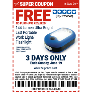 Free Flashlight (No purchase required) and 20% off single item (exclusions apply) at Harbor Freight Exp 6/19